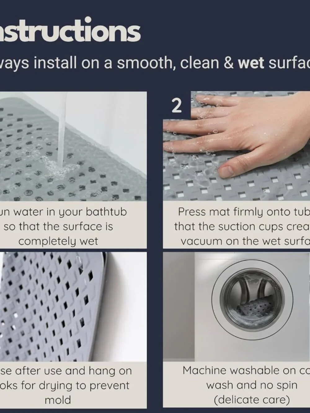 Non-Slip Bathtub Mat 35x16 - Eco-Friendly, Machine Washable, Includes Hooks